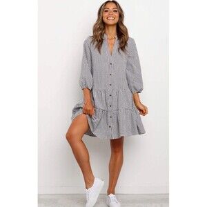 Petal And Pup DARIA PRINT TIERED GINGHAM DRESS - BLACK M/L